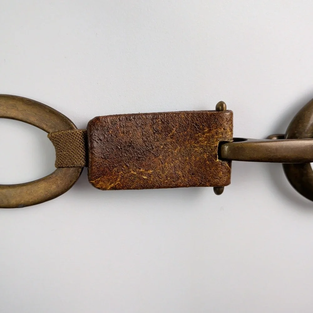 Suzi Roher Bronze Metal Oval Link Leather Elastic Chain Belt Hip Belt Medium